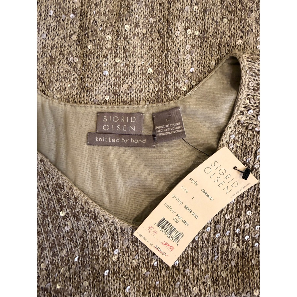 Sigrid Olsen Womens Sequin Linen Blend Sweater Pale Grey Large NWT Hand Knitted - Picture 6 of 9